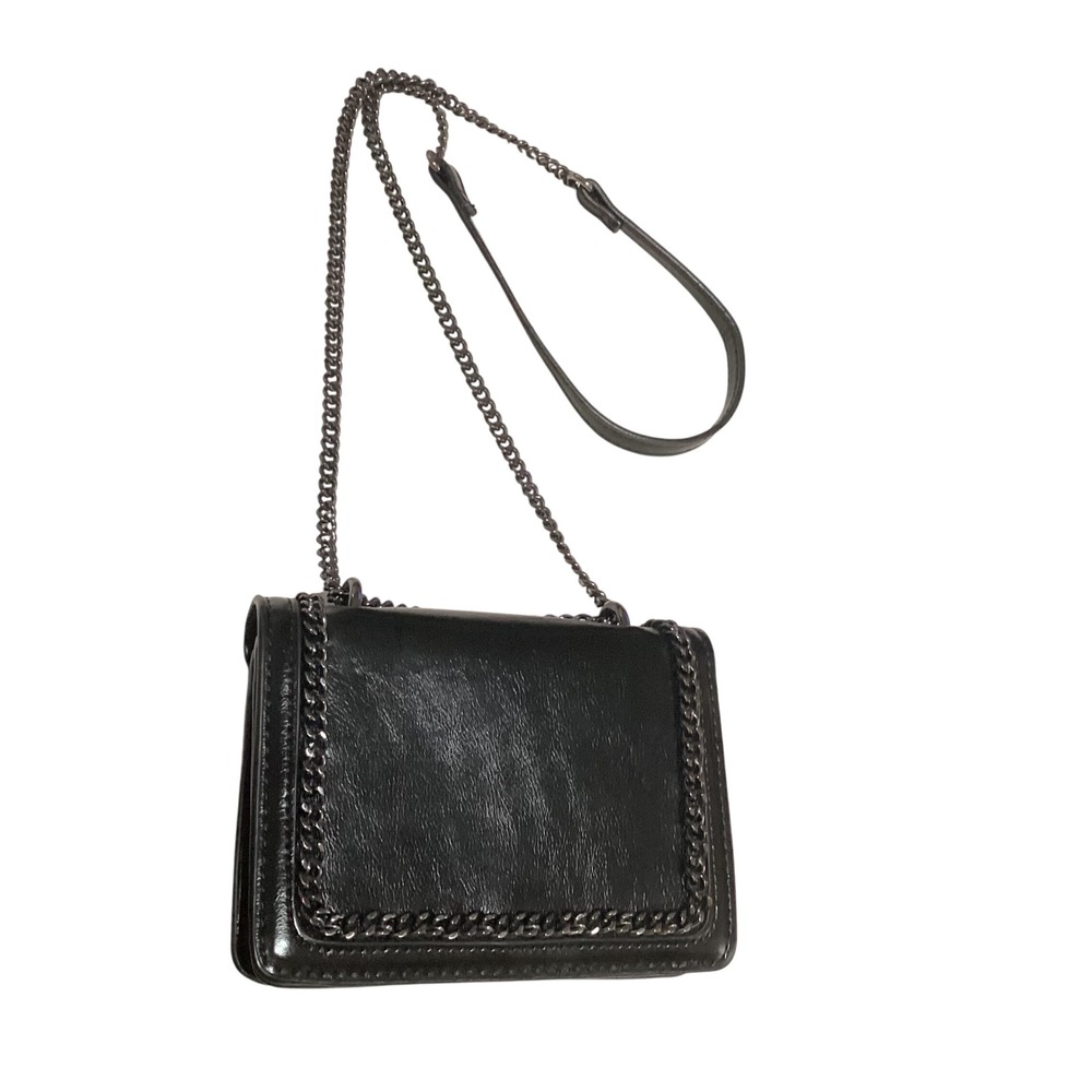 Zara Black Faux Leather Crossbody Bag Gunmetal Chain Trim Detail Messenger